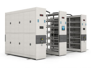 Light grey smart electric mobile shelving system with vertical touchscreen control interface and secure locker-style access doors, featuring dual-control system with front smart electric panel and rear manual backup crank handles for high-security archive storage.