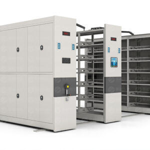 Light grey smart electric mobile shelving system with vertical touchscreen control interface and secure locker-style access doors, featuring dual-control system with front smart electric panel and rear manual backup crank handles for high-security archive storage.