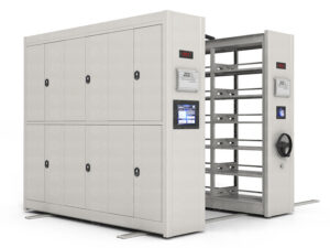 Light grey smart electric mobile shelving system with recessed side panel design, featuring per-column LED display screens and touchscreen control interface, with dual-control system including front smart electric panel and rear manual backup handwheel for intelligent archive storage.