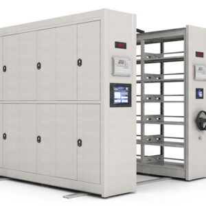 Light grey smart electric mobile shelving system with recessed side panel design, featuring per-column LED display screens and touchscreen control interface, with dual-control system including front smart electric panel and rear manual backup handwheel for intelligent archive storage.