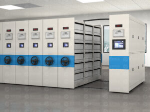 Dark grey smart electric mobile shelving system with three-section side panel design, featuring per-column LED display screens and hexagonal control panel, with dual-control system including front smart electric interface and rear manual backup for intelligent archive storage.