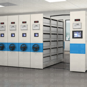 Dark grey smart electric mobile shelving system with three-section side panel design, featuring per-column LED display screens and hexagonal control panel, with dual-control system including front smart electric interface and rear manual backup for intelligent archive storage.