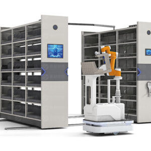 Light grey smart electric mobile shelving system with AMR integration, featuring blue-lit touchscreen control interface and autonomous mobile robot with orange robotic arm for automated storage and retrieval operations in high-density archive storage facilities.