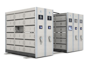 Light grey emergency preparedness cabinet compact shelving system with digital control panels, multiple individual lockers, and smart access interface, designed for rapid and secure transfer of archives and documents during disasters or emergencies.