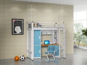 Modern white metal loft bed with integrated wooden desk, shelving units, and blue storage lockers, designed for space-efficient living in dormitories and compact apartments.