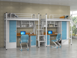 Two side-by-side loft bed units with integrated wooden workstations, overhead shelving, and light blue storage lockers with shoe cabinet compartments, connected by a central freestanding staircase for dual-occupancy dormitory accommodation.