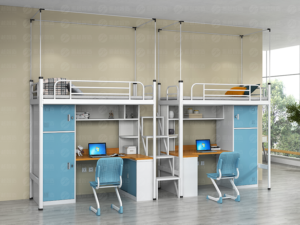 Two side-by-side loft bed units with integrated wooden workstations, overhead shelving, and stacked light blue metal storage lockers, connected by a central freestanding staircase with canopy frames above upper bunks for dual-occupancy dormitory accommodation.