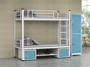 Modern two-tier bunk bed system with upper and lower bed platforms, integrated wooden workstations, stacked storage lockers, and under-bed shoe compartments, featuring central staircase access and canopy frames above upper bunks.