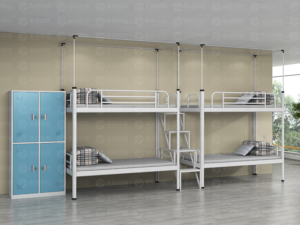 Symmetrical four-person connected bunk bed system with two side-by-side two-tier units, central freestanding staircase, canopy frames above upper bunks, and integrated storage locker unit with four compartments for dormitory accommodation.