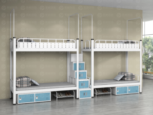 C-06 - Four-Person Connected Bunk Bed System with Central Staircase Storage and Integrated Workstation