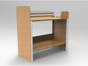 Modern steel-wood frame loft bed with elevated bed platform, integrated wooden workstation, overhead shelving, and vertical storage unit, designed for space-efficient dormitory and compact living accommodation.