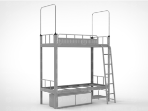 Modern two-tier metal bunk bed with integrated shoe storage cabinet, featuring full-length safety guardrails on upper bunk and dual-drawer storage unit beneath lower bed platform.