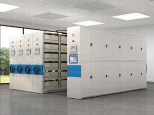 T1 - Smart Electric Mobile Shelving with Blue Accent Strips & Dual Display for Archives