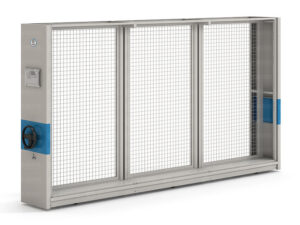 Light grey manual mobile shelving system with wire mesh front panels for artwork hanging, featuring blue accent strip with black circular hand wheel and yellow center, designed for storing paintings, calligraphy, and valuable artifacts on both sides.