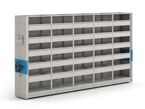 Light grey manual mobile shelving system with cabinet structure for hanging basket storage, featuring black circular hand wheel with yellow center on blue accent strip, designed for simple and convenient operation in archive storage.