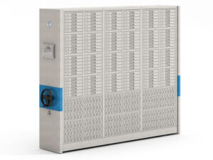 Light grey manual mobile shelving system with dual-column structure for medical slide and wax block storage, featuring multiple drawer compartments and black circular hand wheel with yellow center on blue accent strip for laboratory and pathology archive storage.