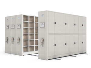 Light grey intelligent anti-seismic cultural relics storage system with digital display screens, glass-fronted cabinet doors, multiple drawers, and three-spoke crank handles, designed for scientific and organized management of cultural relics in museums and cultural institutions.