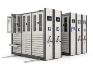 Light grey intelligent anti-seismic cultural relics storage system with digital display screens, glass-fronted cabinet doors, multiple drawers, and three-spoke crank handles, designed for scientific and organized management of cultural relics in museums and cultural institutions.