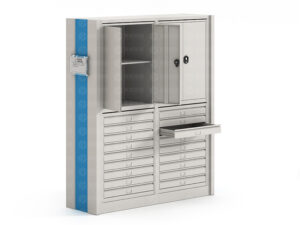 Light grey drawer and shelf combination cultural relics storage cabinet with blue vertical accent stripe, featuring multiple shallow drawers and two-door upper cabinet with internal shelves, designed for convenient access, secure storage, and organized management of cultural relics.