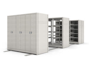 Light grey manual push compact shelving system with dual-column structure, featuring closed cabinet units with double doors and open shelving units with adjustable shelves, designed for storing clothing and file archives with hand-push mobile operation.