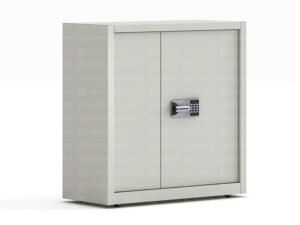 Light gray low-profile security cabinet with dual-door design featuring sliding door on left and hinged door on right, digital keypad lock system with silver handle and black numeric keypad on the right door, professional industrial finish, and integrated mobile base with casters for compact secure storage in office environments.