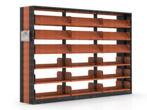 Dark grey and orange adjustable transformable bookshelf with stepped display shelves and flat storage compartments for periodicals and library materials.