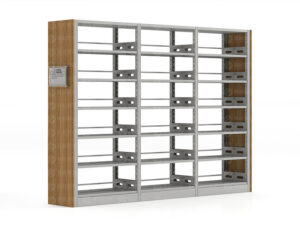 Light grey steel and light brown wood double-sided bookshelf with six adjustable shelf levels and integrated dividers for library and archive storage.