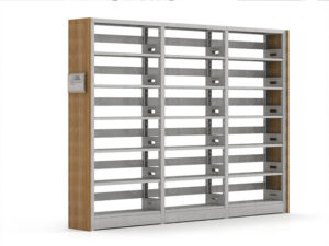 Light grey steel and light brown wood single-sided bookshelf with six adjustable shelf levels and integrated dividers for library and archive storage.