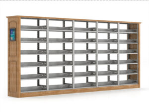Light grey steel and oak wood deluxe bookshelf with self-service inquiry kiosk and six adjustable shelf levels for library and archive storage.