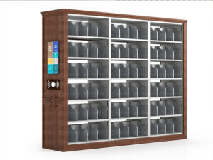 Dark brown wood-grain and light grey steel intelligent bookshelf with integrated digital control panel and stepped shelf compartments for library and archive storage.