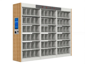 Light grey steel and wood-grain intelligent bookshelf with integrated self-service kiosk, digital touchscreen, and stepped shelf compartments for library and archive storage.