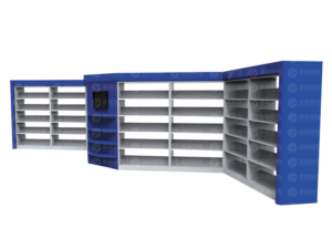 Blue and white intelligent W-shaped bookshelf system with integrated digital inquiry kiosk and stepped shelf compartments for library and archive storage.