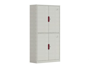 Light gray vertical double-layer file cabinet with two vertically stacked independent compartments of equal size, each section featuring dual flush-mounted swing doors meeting precisely in the center, prominent dark red oval handles with integrated circular keyholes on right doors of both sections, uniform matte finish, and integrated recessed base for professional document storage in office environments.